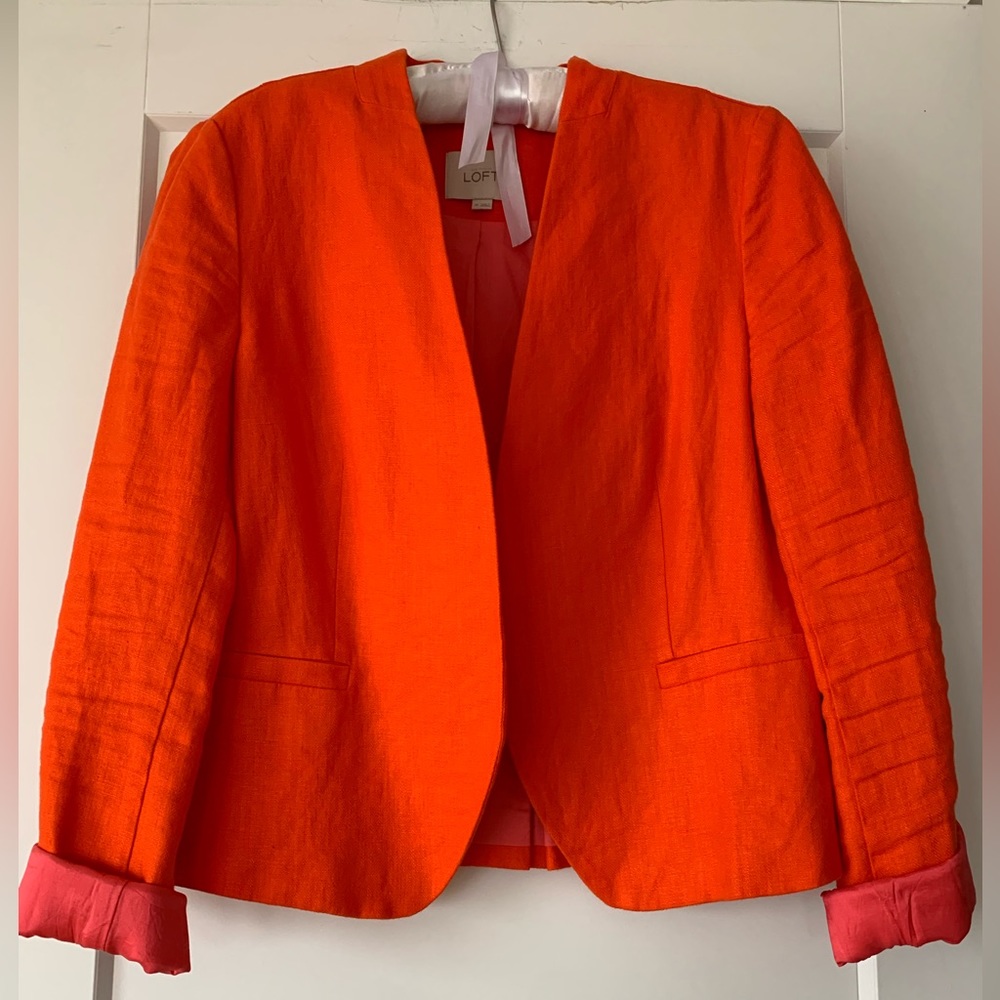 Ann Taylor Loft Sz 10 Linen Blazer Orange w/Pink Lining Open Front Peplum Detail